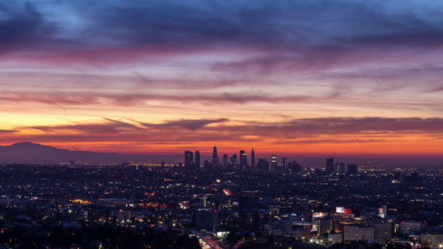 Los-Angeles-Skyline-and-Hollywood-Beautiful-Skyfire-Sunrise-Close