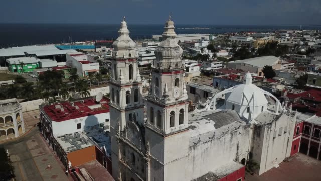 Campeche-Cathedral.-Independence-Plaza-aerial-view.-Campeche,-Mexico