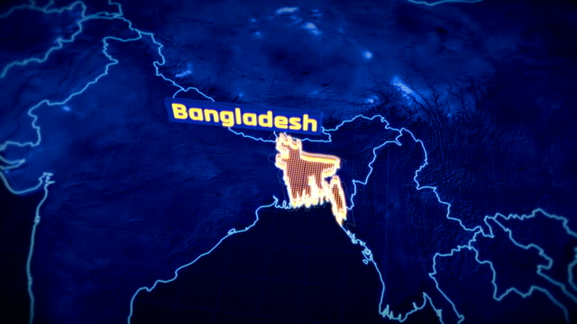 Visualización-en-3D-Bangladesh-país-frontera,-contorno-del-mapa-moderno,-viajes