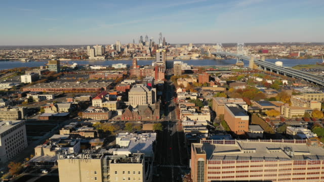 Aerial-View-Camden-New-Jersey-Downtown-City-Skyline-Toll-Bridge-Entrance