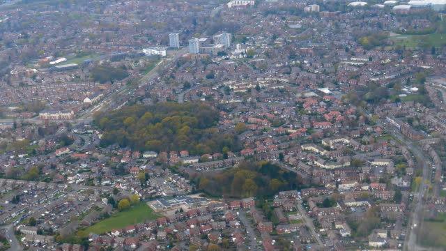Airplane-window-view-of-Manchester-Wythenshawe-district