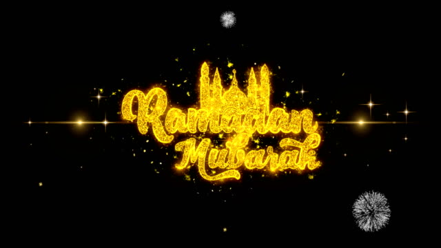 Ramadan-Mubarak-Text-Wunsch-offenbaren-auf-Glitter-goldene-Partikel-Feuerwerk.