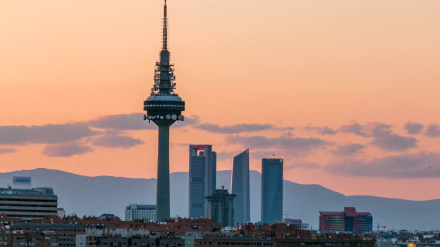 Madrid-skyline-timelapse-with-some-emblematic-buildings-such-as-Kio-Towers,-part-of-the-Cuatro-Torres-Business-Area-and-the-Piruli-TV-Tower