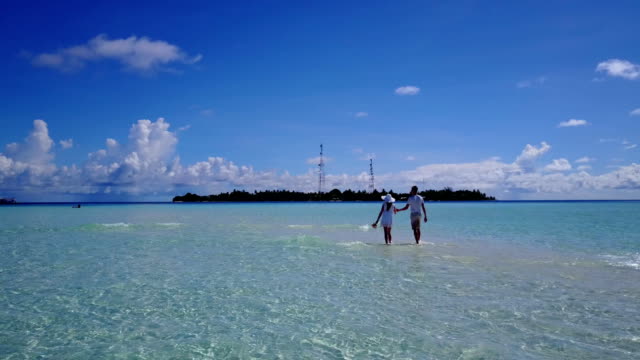 v03933-Aerial-flying-drone-view-of-Maldives-white-sandy-beach-2-people-young-couple-man-woman-romantic-love-on-sunny-tropical-paradise-island-with-aqua-blue-sky-sea-water-ocean-4k