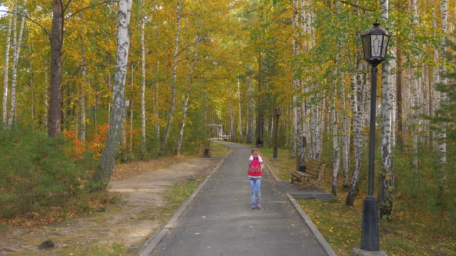 Junges-Mädchen-steckte-ihre-Ohren-mit-den-Händen-und-gingen-entlang-der-gelben-Avenue-im-Herbst-Park.
