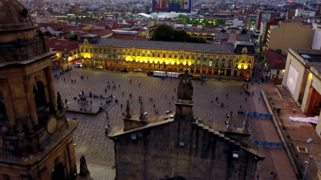 Aerial/Drone-View-of-the-Plaza-de-Bolivar,-La-Candelaria,-Bogotá,-Colombia-3