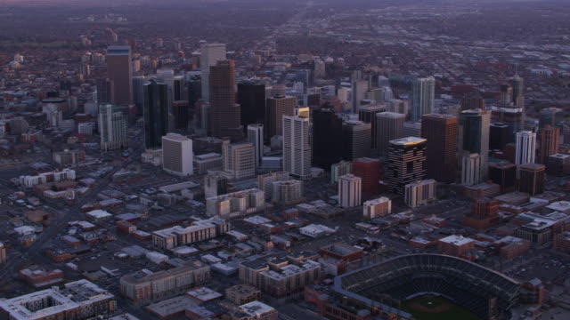 Aerial-view-of-Denver,-Colorado-and-baseball-field