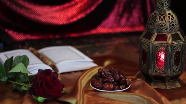 Quran,-dates,-rosary-and-oriental-lantern-lamp