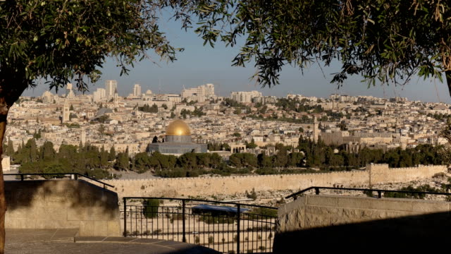zoom-en-el-tiro-de-la-cúpula-de-la-roca-rodeada-de-olivos,-en-Jerusalén