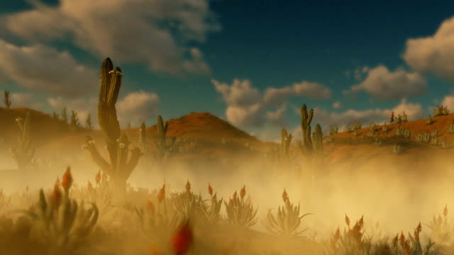 Mujer-que-corre-en-el-desierto-con-Cactus-Saguaro-y-el-polvo-que-sopla-en-el-viento,-alejar