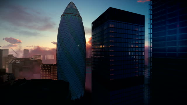 LONDON,-Vereinigtes-Königreich-[London-schönen-Sonnenaufgang-über-Schweizer-Rückversicherung-Hauptsitz,-The-Gherkin,-Kamera-fliegen]