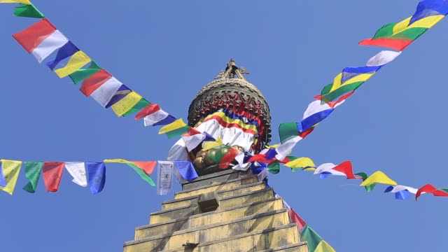 Colorful-flags-flying-from-Buddhist-Stupa-in-Kathmandu-valley,-Nepal