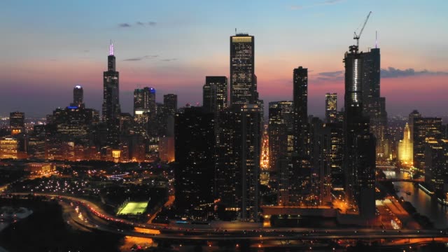 Chicago-Skyline-Aerial-at-Sunset