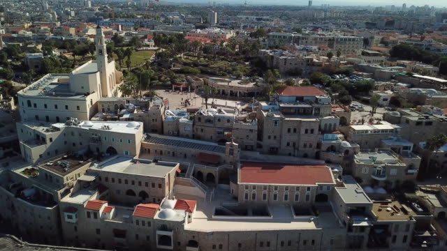 Aerial-View-of-the-port-of-Jaffa-the-ancient-city-and-St.-Peters-church
