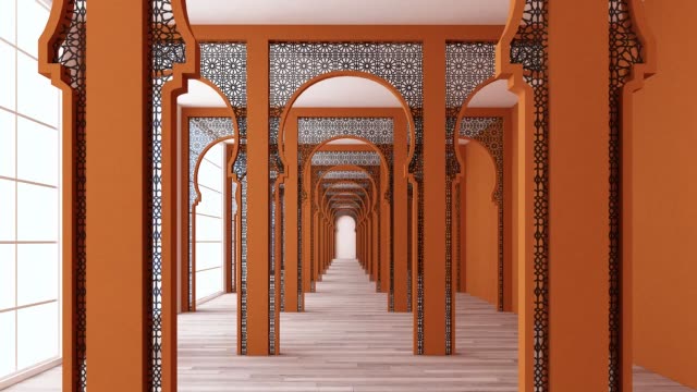 Espacio-interior-marroquí-con-patrones-de-corte-láser-árabes.-Renderizado-3D