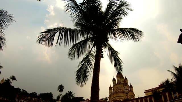 Palme-mit-schönen-Hindu-Tempel-von-Kali-Ma-auf-Hintergrund-bewölkttag-Kolkata