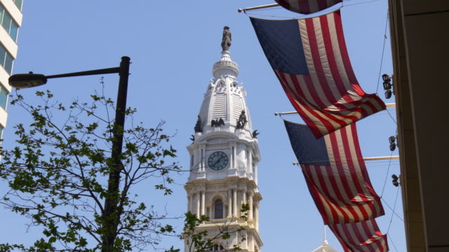 Usa-summer-day-philadelphia-city-hall-american-flag-view-4k-pennsylvania