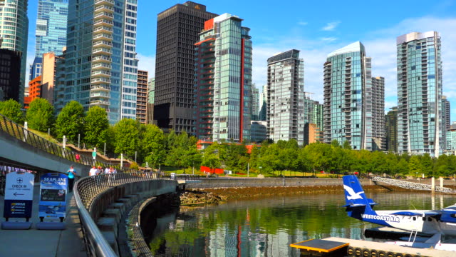 4K-Waterfront-Walkway-with-Condominiums-in-Background,-Vancouver-Canada