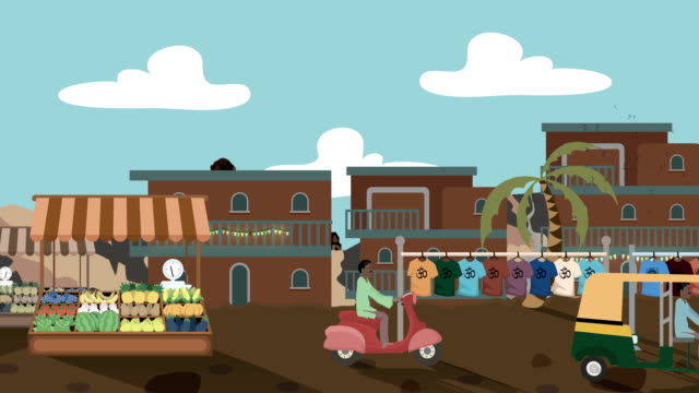 Mercado-indio-con-Rickshaws-y-Scooters-pasando-por-en-estilo-de-dibujos-animados