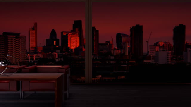 Ein-Penthouse-mit-Blick-auf-die-Scherbe,-die-Gurke-und-die-Symbol-Skyline-von-London