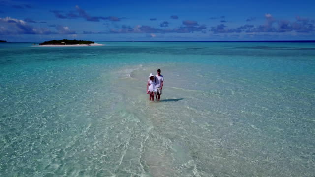 v03910-Aerial-flying-drone-view-of-Maldives-white-sandy-beach-2-people-young-couple-man-woman-romantic-love-on-sunny-tropical-paradise-island-with-aqua-blue-sky-sea-water-ocean-4k