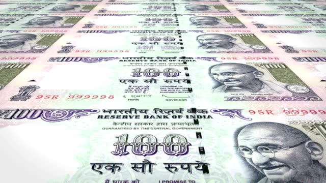 Banknoten-der-hundert-indischen-Rupien-Indiens-Rollen,-Bargeld,-Schleife