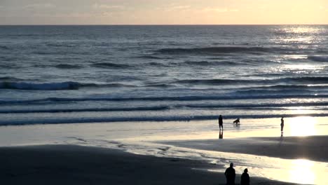 Ehepaar-und-Hund-auf-der-Cannon-Beach-bei-Sonnenuntergang