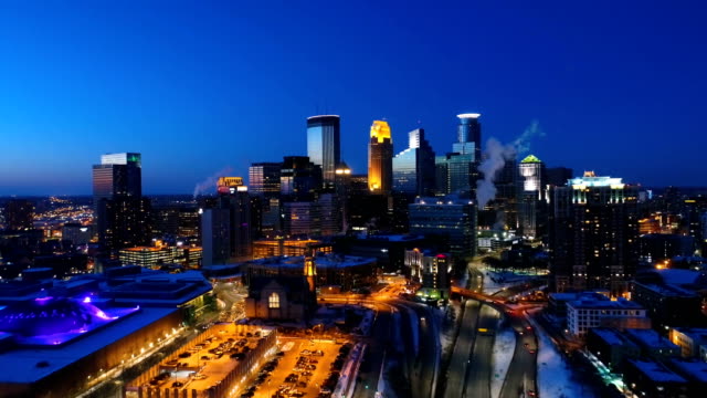 Minneapolis-Skyline-at-Night---Aerial-View-in-4K