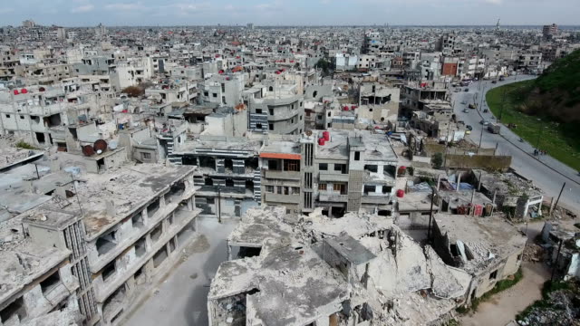 Aerial-view-of-ravaged-buildings-after-war