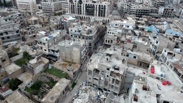 Aerial-view-of-ruined-houses-and-buildings-destrouyed-by-war-in-Syria