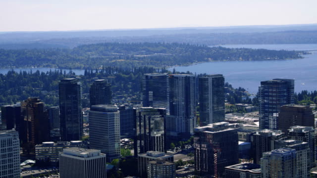 Zoomed-In-Helicopter-Aerial-of-Bellevue-Skyline-Buildings