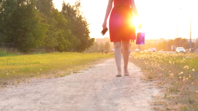 Mujer-en-vestido-rojo-con-bolso-de-compras-caminando-por-carretera-en-campo