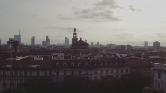 Aerial-footage-drone-view-sunrise-Milan-skyline-sunrise