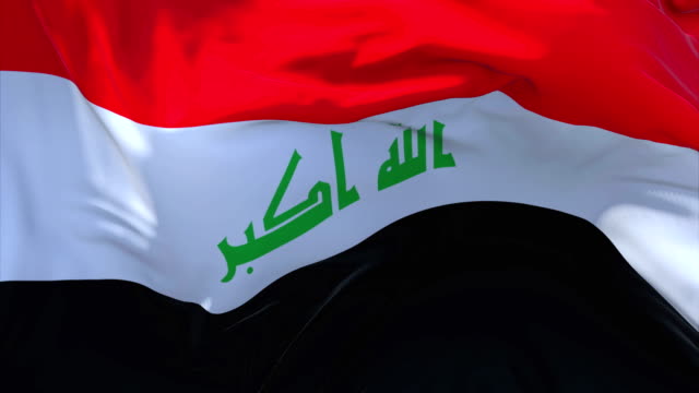 Irak-Fahne-schwenkte-in-Wind-Slow-Motion-Animation.-4K-glatt-realistische-Stoff-Textur-Flagge-weht-an-einem-windigen-Tag-kontinuierliche-nahtlose-Schleife-Hintergrund.