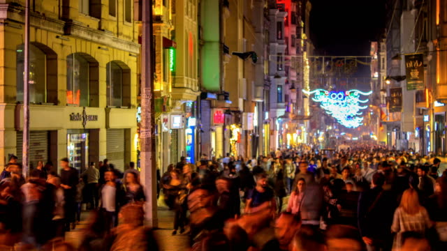 The-popular-travel-destination-of-Istanbul-Taksim-Istiklal-Street-at-night.-Time-lapse-video
