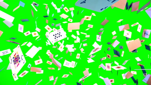 Ultra-HD-Loopable-animation-of-flying-playing-cards-on-green-screen