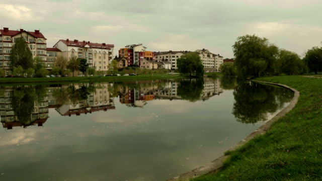City-on-the-river.-Autumn-evening.-Smooth-dolly-shot.
