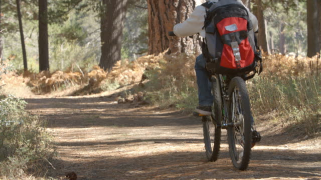 Grandparents-and-kids-cycling-on-forest-trail,-slow-motion