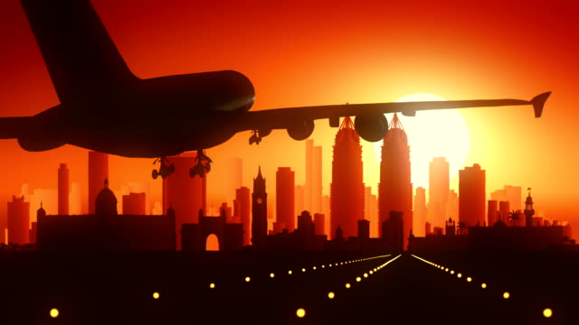Skyline-von-Mumbai-Flugzeug-Landung-Goldener-Hintergrund