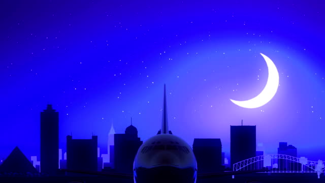Memphis-Tennessee-USA-Amerika-Flugzeug-abheben-Moon-Night-Blue-Skyline-Travel