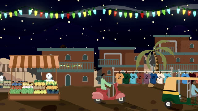 Belebten-indischen-Markt-mit-Rikschas-vorbei-nachts-im-Cartoon-Stil