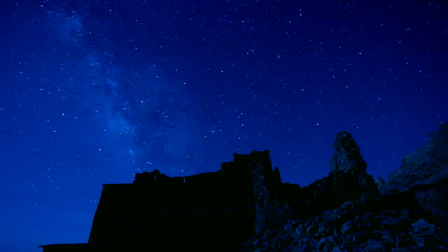Night-star-time-lapse-of-milky-way-over-Ait-Ben-Haddou-Castle-in-Morocco,-exterior-in-movie-Game-of-Thrones