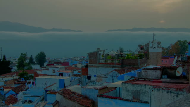 Beautiful-sunset-time-lapse-above-African-blue-city-Chefchaouen-in-Moroco,-Chaouen