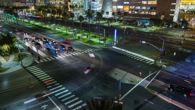 Downtown-San-Diego-Petco-Park-Bereich-Verkehr-Nacht-Zeitraffer