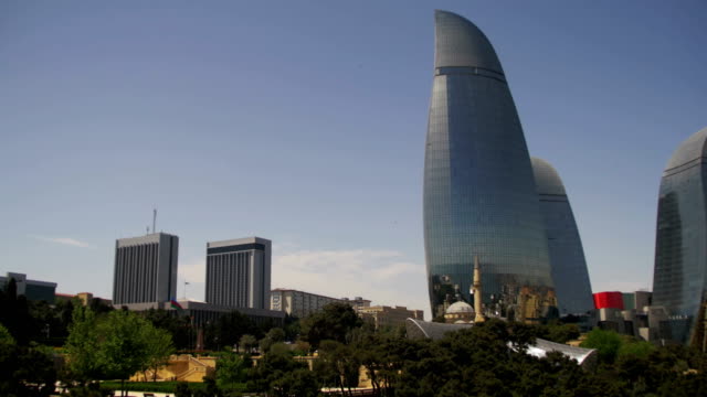 Baku-Embankment,-view-of-the-Flame-Towers,-Azerbaijan