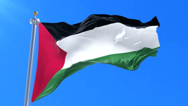 Flag-of-Palestine-waving-at-wind-with-blue-sky-in-slow,-loop