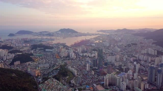 Aerial-View-sunset-at-Busan-city-cityscape-of-South-Korea