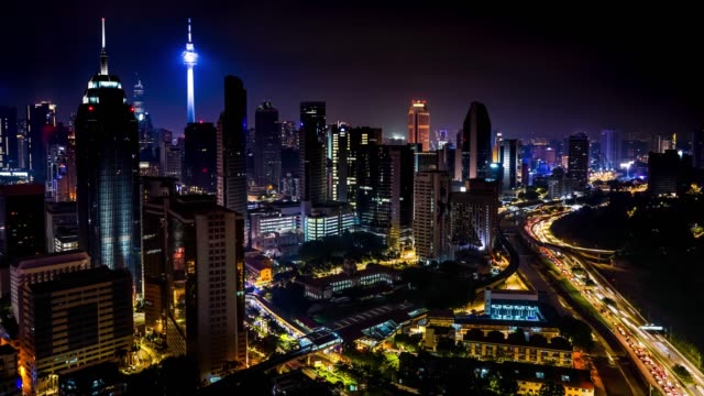 4k-time-lapse-with-cityscape-of-Kuala-Lumpur-city-traffic-with-two-towers-on-a-background.-Aerial-view.