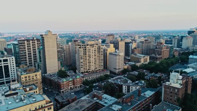 Aerial-footage-of-Montreal-during-a-hazy-summer-day