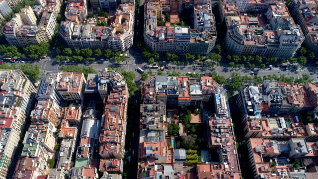 Aerial-high-angle-shot-of-Barcelona-street-and-block-buildings,-urban-area